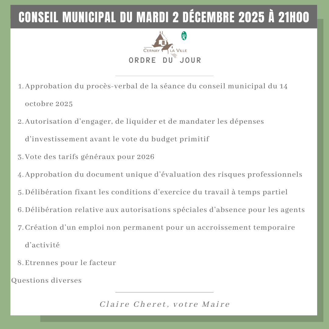 ODJ CONSEIL MUNICIPAL DU MARDI 2 DÉCEMBRE 2025 à 21h00
